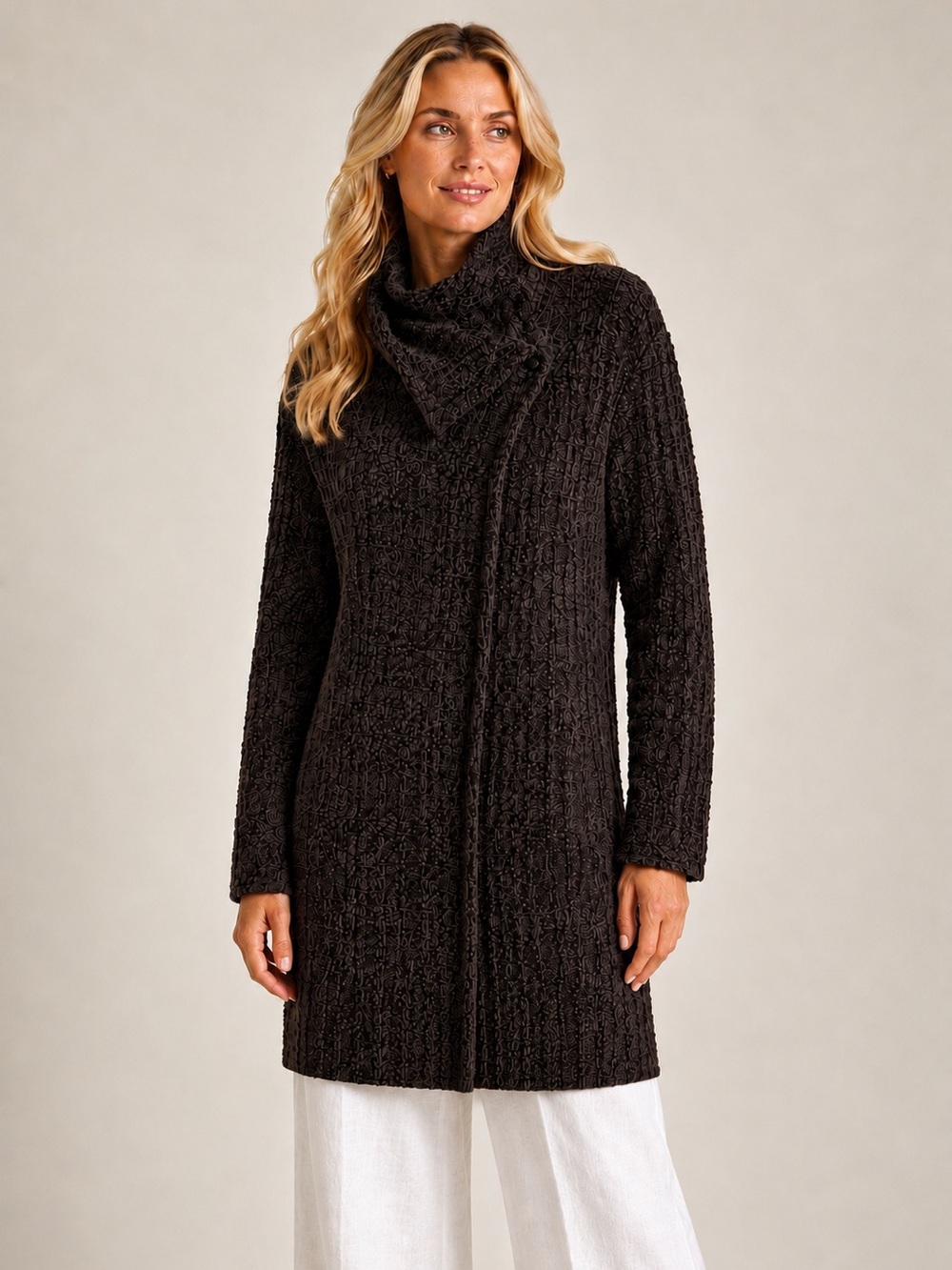Eileen Fisher Organic Wool Alpaca Blend Textured High Collar Cardigan Size M